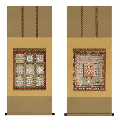 両界曼荼羅掛軸 上等緞子表装本仕立 尺5アンド対幅（2本一組）