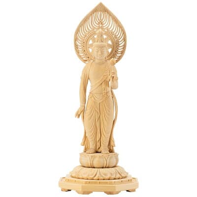 聖観音菩薩 榧製 八角台座 3.5寸 高さ18.9cm