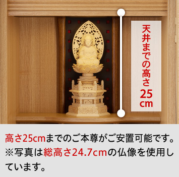 天井までの高さ25cm／高さ25cmまでのご本尊がご安置可能です。 ※写真は総高さ24.7cmの仏像を使用しています。