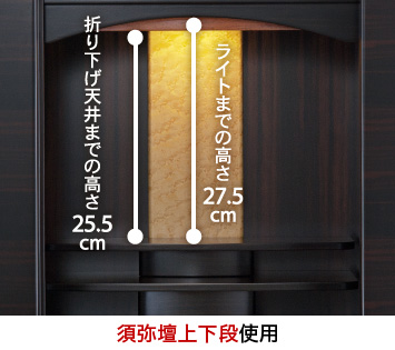 【須弥壇上下段使用】ライトまでの高さ：27.5cm、折り下げ天井までの高さ：25.5cm