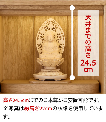 天井までの高さ24.5cm、高さ24.5cmまでのご本尊がご安置可能です。※写真は総高さ22cmの仏像を使用しています。