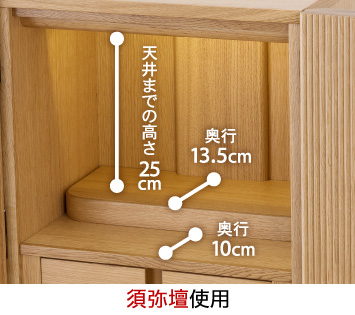 【須弥壇使用】天井までの高さ：25cm、須弥壇奥行：13.5cm、最下段奥行：10cm