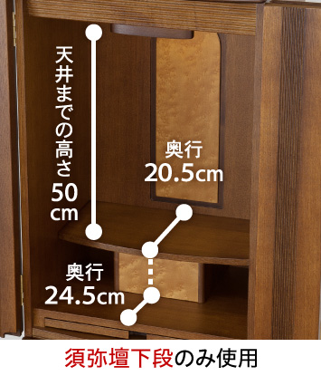 【須弥壇下段のみ使用】下段から天井までの高さ：50cm、下段奥行：20.5cm、内部奥行24.5cm