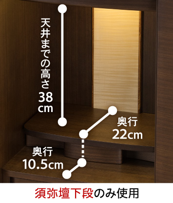 【須弥壇下段のみ使用】天井までの高さ：38cm、奥行：22cm、奥行：10.5cm