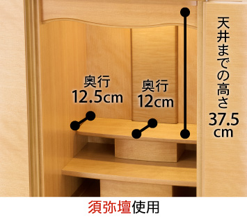 【須弥壇使用】天井までの高さ：37.5cm、須弥壇奥行：12cm、端奥行：12.5cm