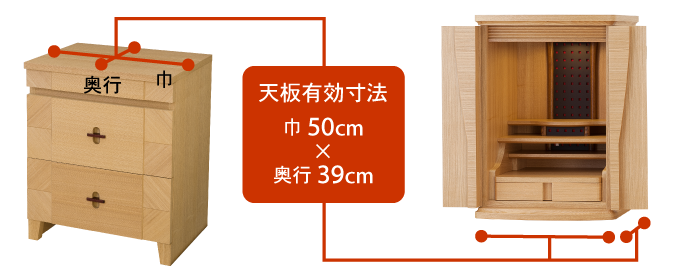 天板有効寸法：巾50cm × 奥行39cm
