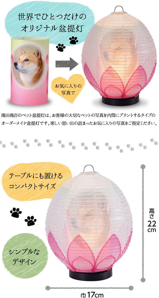 【世界にひとつだけのオリジナル盆提灯】滝田商店のペット盆提灯は、お客様の大切なペットの写真を内筒にプリントするタイプのオーダーメイド盆提灯です。楽しい思い出の詰まったお気に入りの写真をご指定ください。テーブルにも置けるコンパクトサイズ。シンプルなデザイン。高さ22cm×巾17cm。