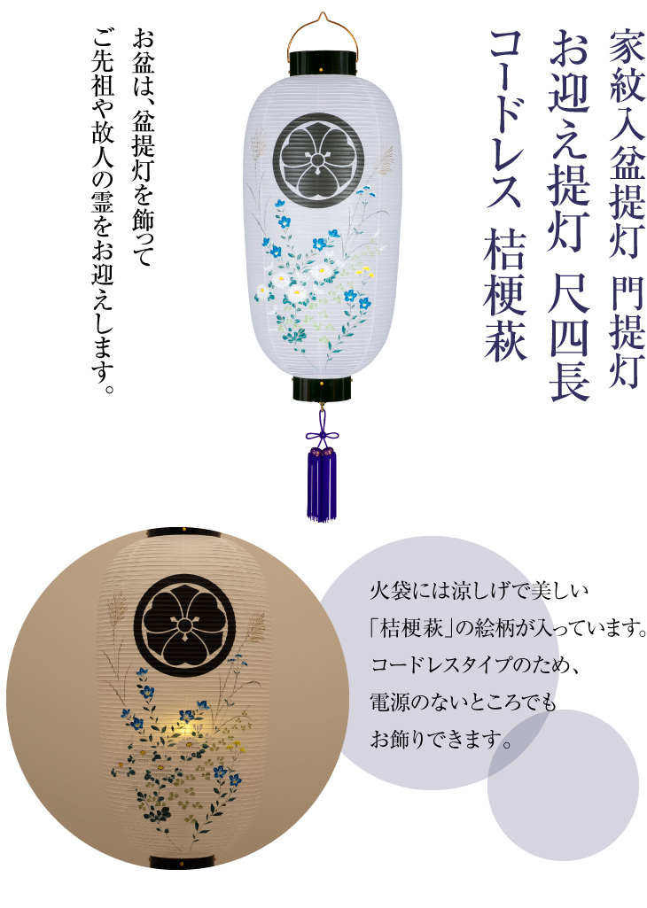 家紋入盆提灯 門提灯 尺四長 コードレス 桔梗萩 9541-T