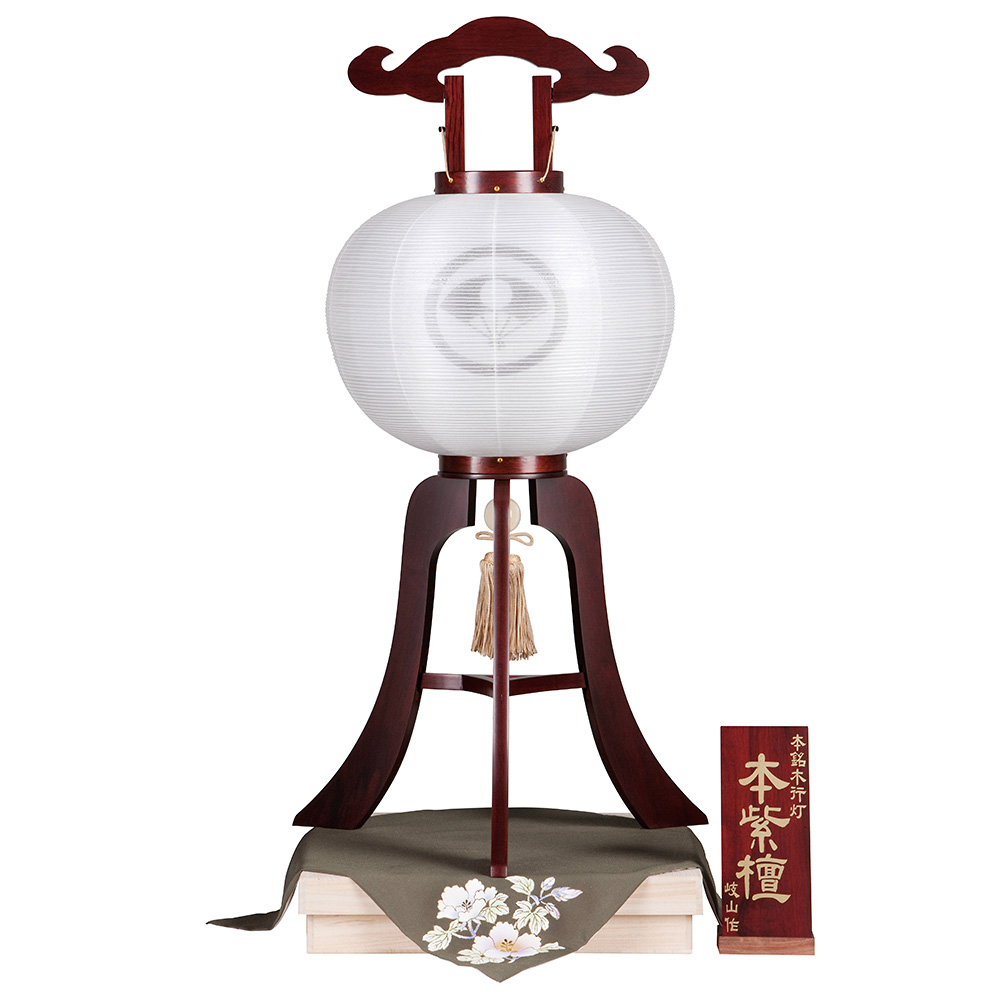 家紋入 本銘木盆提灯 大内行灯12号 紫檀無垢 0891-4 お値打ち品 ▲2187▼提灯 大内行燈 銘木 総黒檀 玉雲作 10号絹二重 その他