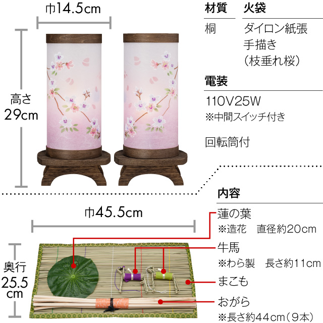 再再販！ 盆提灯 コンパクト 初盆セット 新盆セット ほとりび 小珠 こだま 桜 ４点セット ２-Q 初盆 提灯 お盆用品 